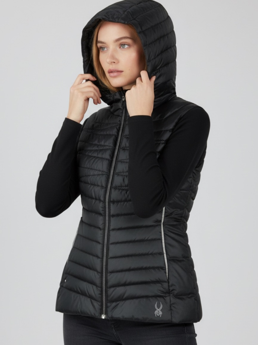 Spyder Sz M Black Quilted Hooded Vest Lightweight Layer Fall Classic Casual